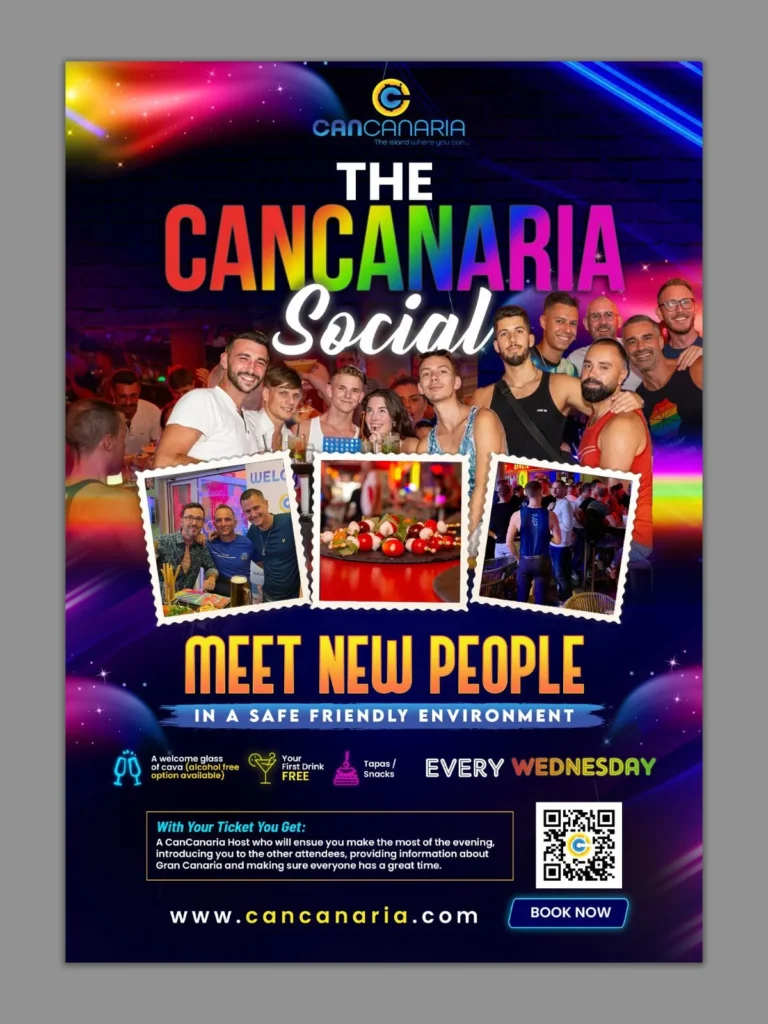 Colorful event poster for CanCanaria Social, a weekly LGBTQ+ meetup in Gran Canaria. Features happy people, rainbow design, and details like free welcome drink, tapas, and friendly vibes every Wednesday in Playa del Inglés.